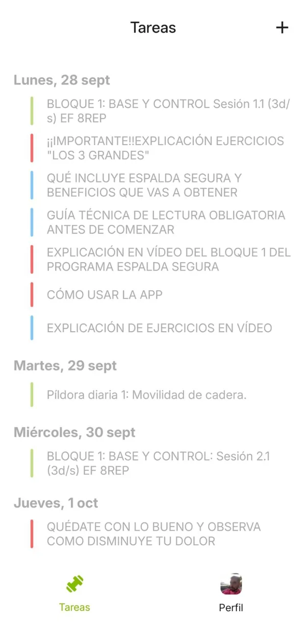 Pantalla de la app con las tareas de cada día: sesiones del bloque 1, explicaciones en vídeo y la guía técnica.